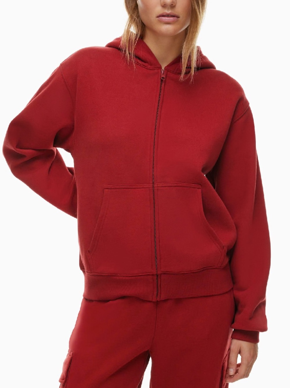 Aritzia TNA Cozy Fleece Perfect Zip Hoodie Red 2XS Boyfriend Fit Sweatfleece